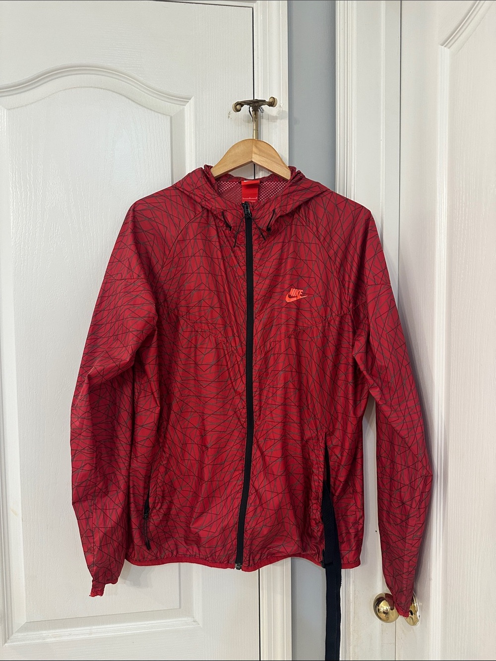 Nike Men's Red Hooded Windbreaker with Black Trim